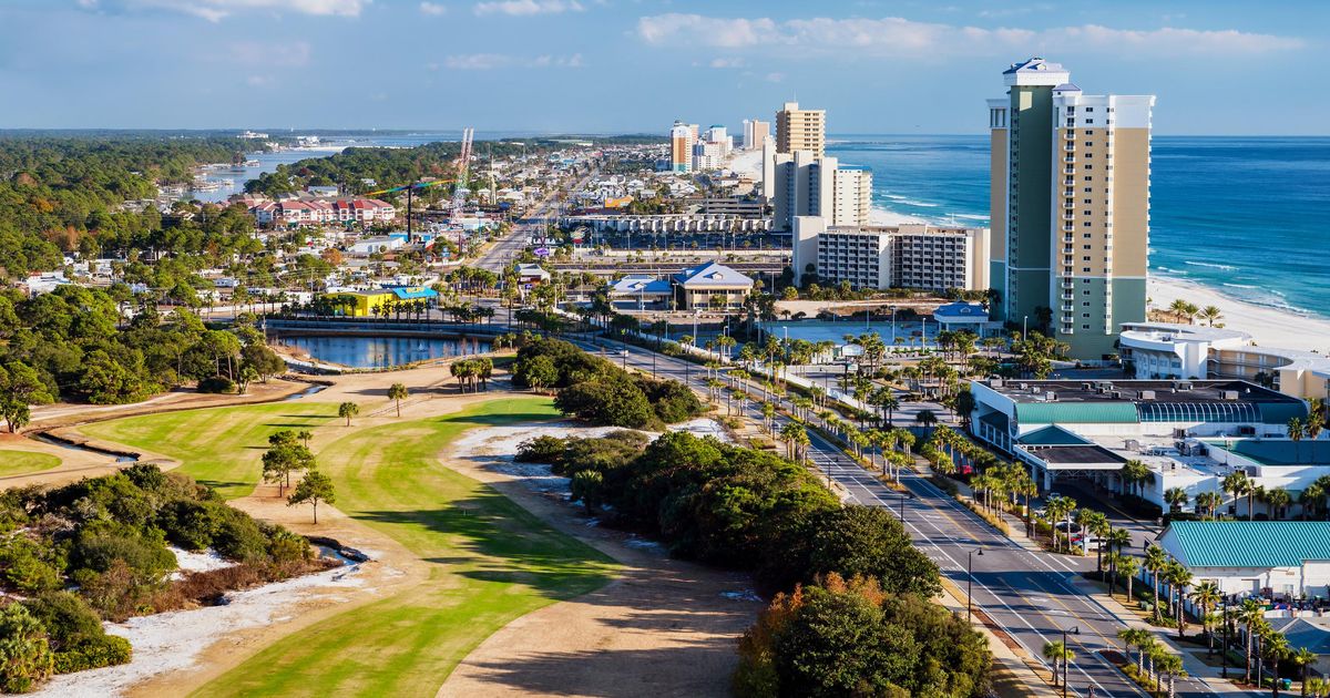 Aerial view of Panama City Beach skyline and coastline