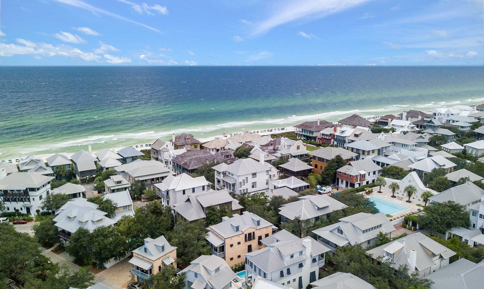 Aerial view of Rosemary Beach coastal homes along the Emerald Coast