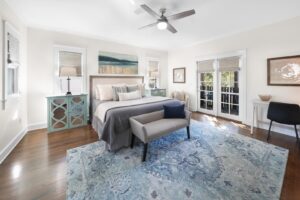 The bedroom of a Rosemary Beach vacation rental to relax in after exploring local shops.