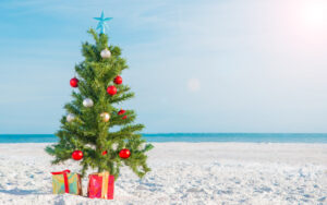 A Christmas tree on the beach near a Panama City Beach vacation rental.