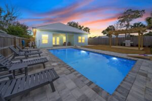 The pool area of a Panama City Beach vacation rental to lounge by after exploring the west side of town.